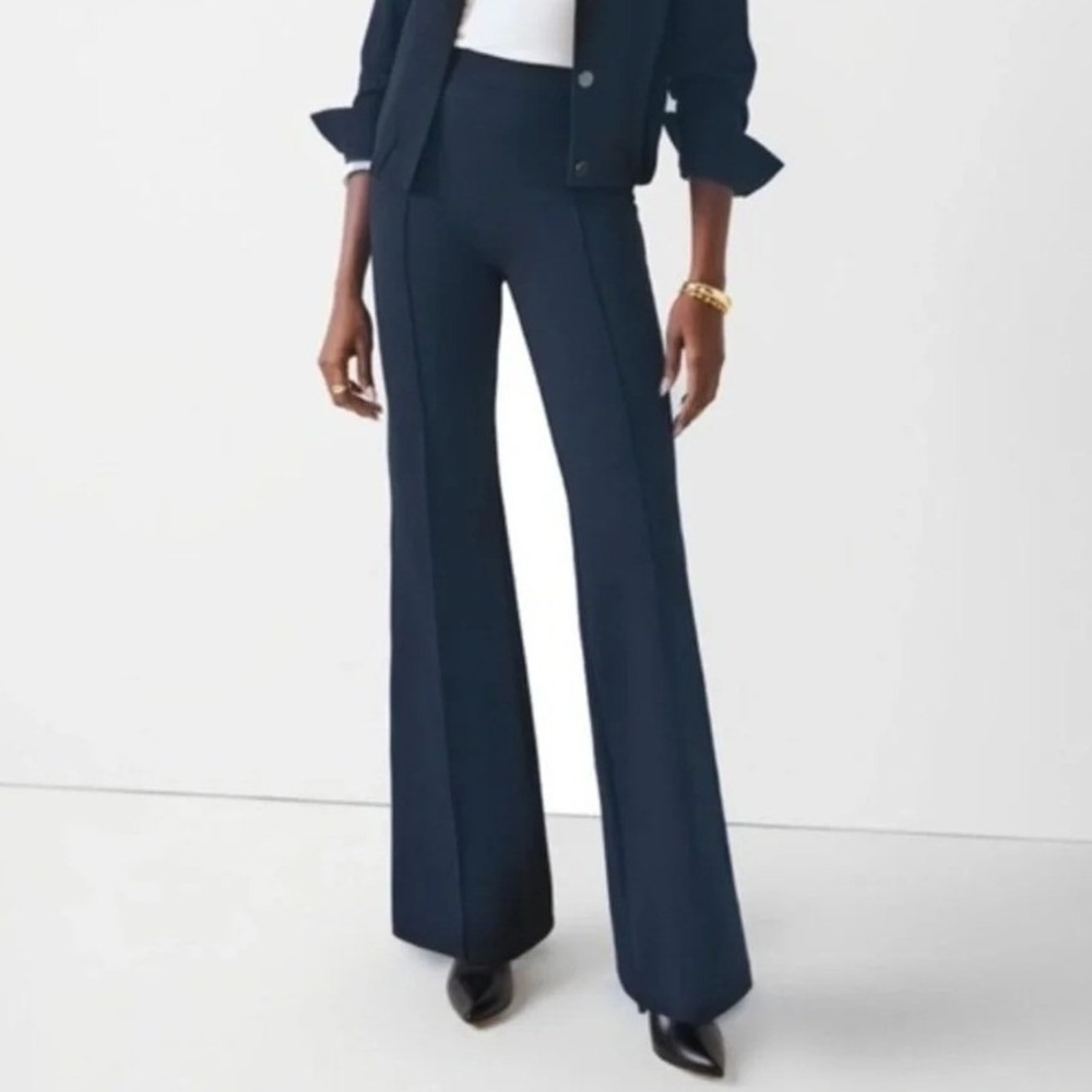 Spanx Tall Medium PerfectFit Flare Navy Blue Pintuck Ponte Trousers
